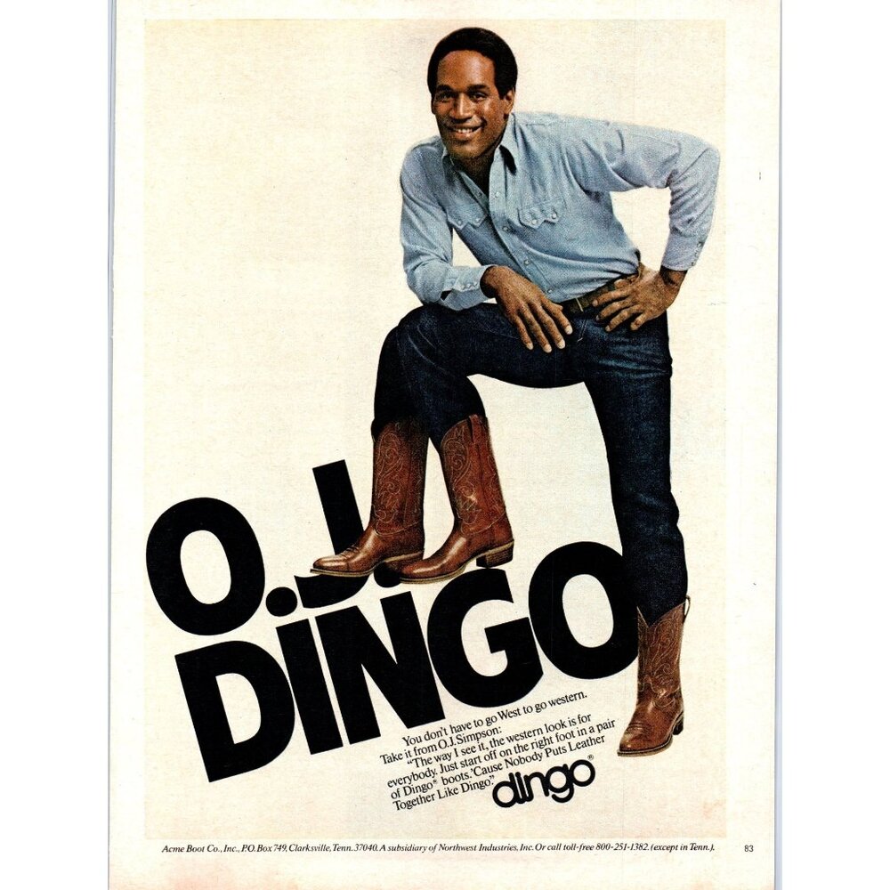 1981 Dingo Boots OJ Simpson Denim Jeans Western Shirt Vintage Print Ad Wall Art